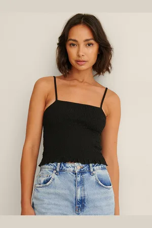 NA-KD Women Black Solid Smocked Organic Cotton Top