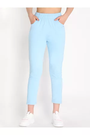 CHKOKKO Women Blue Solid Cotton Track Pants