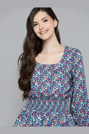 Mast & Harbour Women Navy Blue & Beige Floral Print Cinched Waist Top