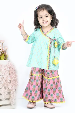 BownBee Girls Green Block Print Pure Cotton Angrakha Kurti with Sharara Set