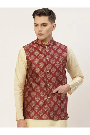 Jompers Men Maroon Woven Design Nehru Jacket