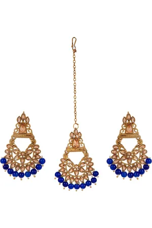 ANIKAS CREATION Gold-Plated & Navy Blue Kundan Pearl Earring & Maangtika Set