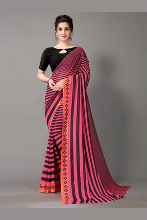 HRITIKA Pink & Black Striped Pure Georgette Saree