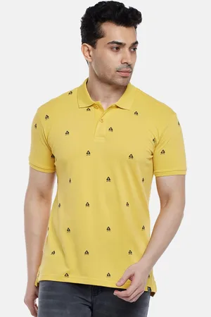 PEOPLE Men Yellow Printed Polo Collar Cotton T-shirt