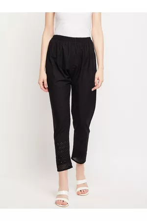 Clora Creation Women Black Chikankari Embroidered Cotton Cropped Trousers