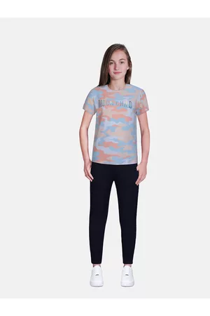 Gini and Jony Girls Orange & Blue Camouflage Printed T-shirt