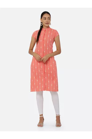 See Designs Women Peach-Coloured & White Pure Cotton Khari Print Straight Kurta