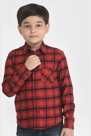 Crimsoune Club Boys Red & Black Slim Fit Tartan Checked Pure Cotton Casual Shirt