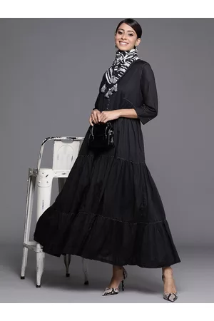 Biba Black Pure Cotton Solid Maxi Dress Comes With A Scarf