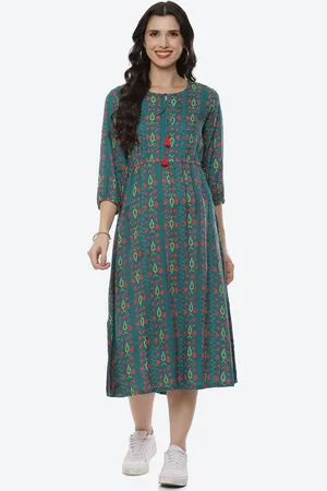 Rangriti Teal Ethnic Motifs A-Line Midi Round Neck Tie Up Dress