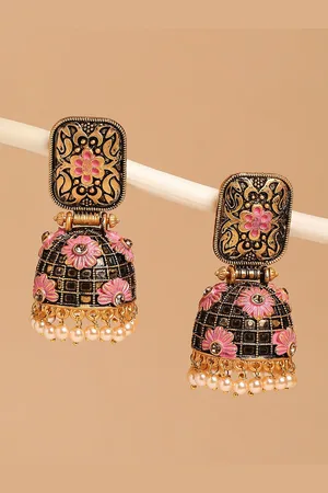OOMPH Women Pink & Black Dome Shaped Jhumkas Earrings