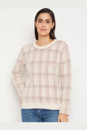 MADAME Women Beige & Purple Checked Acrylic Pullover Sweater