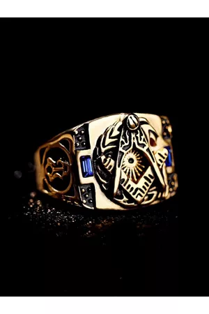 Yellow Chimes Men Blue & Gold Antique AG Masonic Logo Stainless Steel Ring