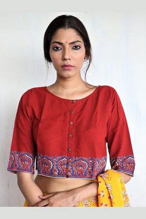 Chidiyaa Women Maroon & Blue Printed Cotton Saree Blouse