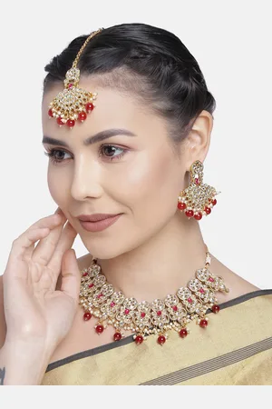 Kord Store Red & White Gold Plated Kundan And Beads Studded Necklace Set
