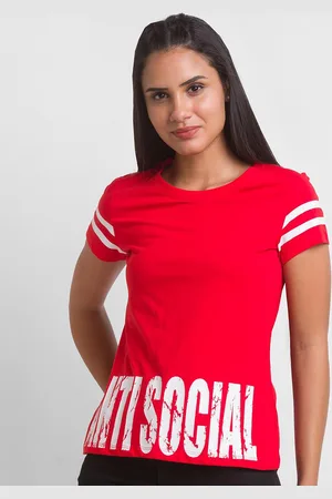Globus Women Red & White Typography Printed Pure Cotton T-shirt