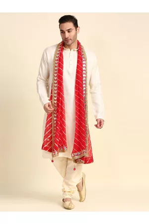 Bazaar Men Dupattas - Men Red & Off White Striped Leheriya Dupatta with Gotta Patti