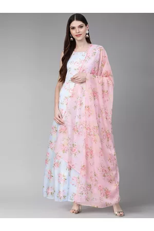 Ahalyaa Women Blue Pink Floral Printed Anarkali Dress with Dupatta