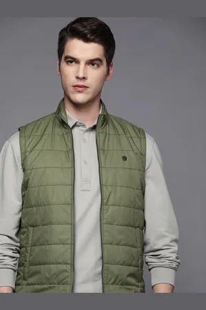 Louis Philippe Men Olive Green Mock Collar Padded Sleeveless Jacket