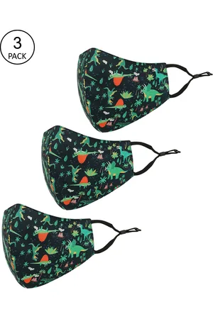 Tossido Kids Pack Of 3 Black & Green Printed Pure Cotton Reusable Outdoor Cloth Masks
