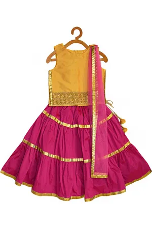 A.T.U.N. A T U N Girls Yellow & Red Embellished Ready to Wear Lehenga & Blouse With Dupatta