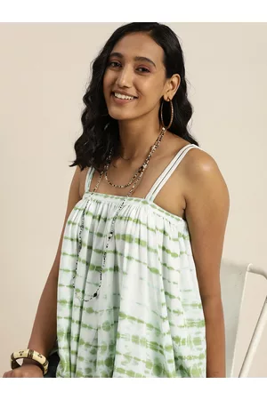 Taavi Women White & Green Woven Legacy Dyed A-Line Top with Shoulder Straps