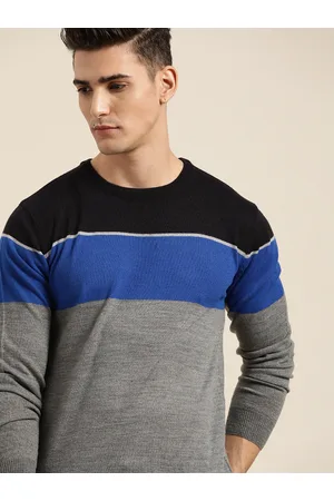 Invictus Men Grey Melange & Blue Colourblocked Pullover