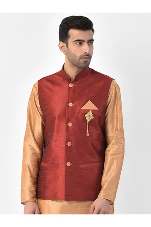 SG LEMAN Men Maroon Solid Satin Nehru Jackets