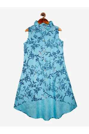 KiddoPanti Girls Blue Floral Printed Kurta