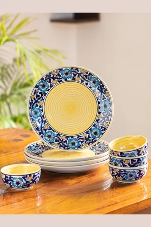 ExclusiveLane Navy Blue & Yellow 8 Pieces Floral Printed Ceramic Glossy Dinner Set