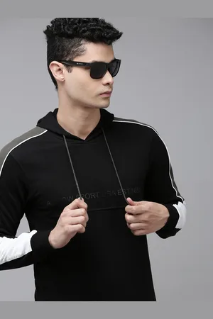 Arrow Men Navy Blue Side Striped Hooded Sweatshirt