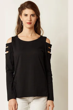 Miss Chase Women Black Solid Cold-Shoulder Top