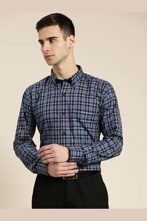 HANCOCK Men Blue Pure Cotton Slim Fit Tartan Checks Checked Formal Shirt