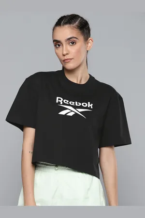 Reebok Women Black & White PF Big Logo Cropped T-shirt