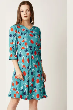 Miss Chase Women Turquoise Blue Floral Printed Fit and Flare Dress