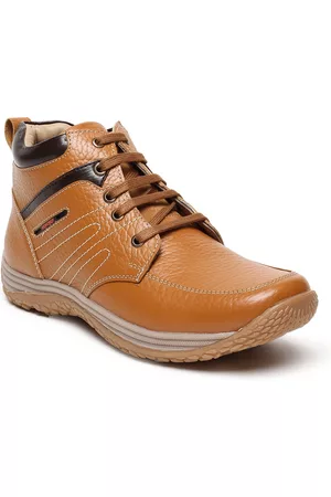 Red Chief Men Tan Solid Leather Mid-Top Sneakers