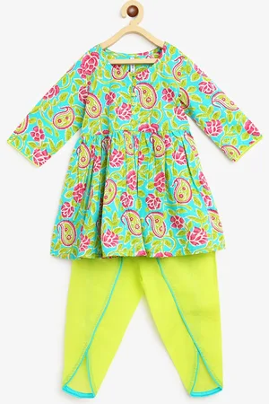 Campana Girls Turquoise Blue Printed Pleated Pure Cotton Kurta with Dhoti Pants
