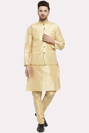 Kaifoo Men Gold-Toned Layered Kurta Set With Nehru Jacket