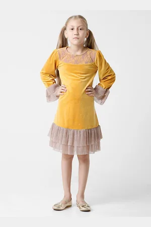 KATE & OSCAR Girls Mustard Yellow Velvet A-Line Dress With Layered Bottom