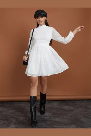 Styli Women White Self Design Long Volume Sleeves Skater Mini Dress