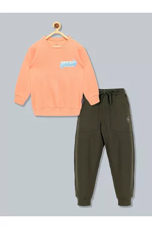 KiddoPanti Girls Peach-Coloured & Green T-shirt with Trouser
