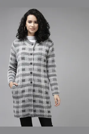Cayman Women Grey Checked Knitted Wool Longline Cardigan
