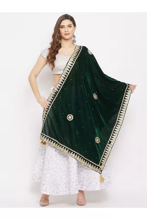 Clora Creation Women Green & Gold Embroidered Velvet Dupatta with Gotta Patti