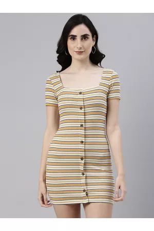 Campus Beige & Mustard Yellow Striped Bodycon Mini Dress