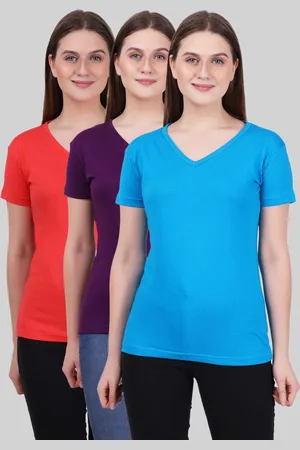 Fleximaa Women Blue & Purple Set Of 3 V-Neck Cotton T-shirt