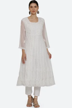 FAWOMENT Women White Ethnic Motifs Embroidered Chikankari Georgette Kurta