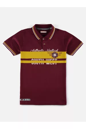 HELLCAT Boys Maroon & Yellow Typography Printed Polo Collar Bio Finish T-shirt