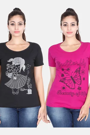 Fleximaa Women Black & Magenta Pack Of 2 Printed Cotton T-shirt