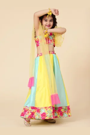 A.T.U.N. A T U N Girls Blue & Yellow Printed Ready to Wear Lehenga & Blouse With Dupatta