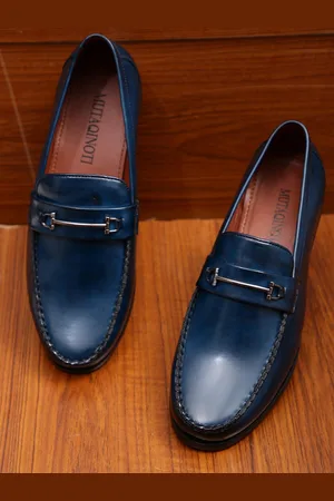 MUTAQINOTI Men Navy Blue Perforations Patent Leather Lightweight Loafers
